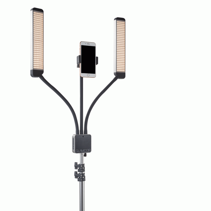GLAMCOR Multimedia X Lámpara de luz diurna con doble brazo flexible con 672 LED, incl. mando a distancia, clip para cámara y tableta, soporte para smartphone, espejo con clip y bolso de transporte