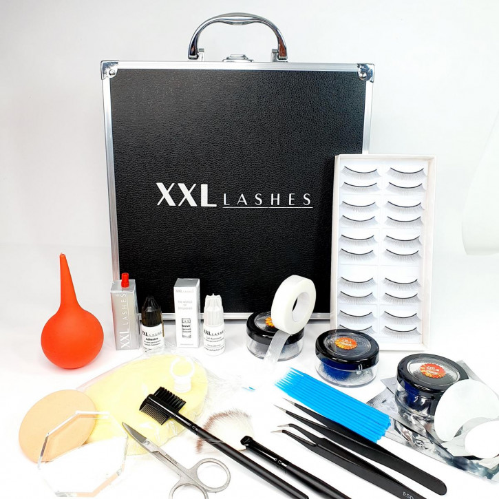 Kit de inicio de XXL Lashes para extensiones de pestañas, estuche negro con equipamiento básico para estilistas principiantes, incluyendo un manual